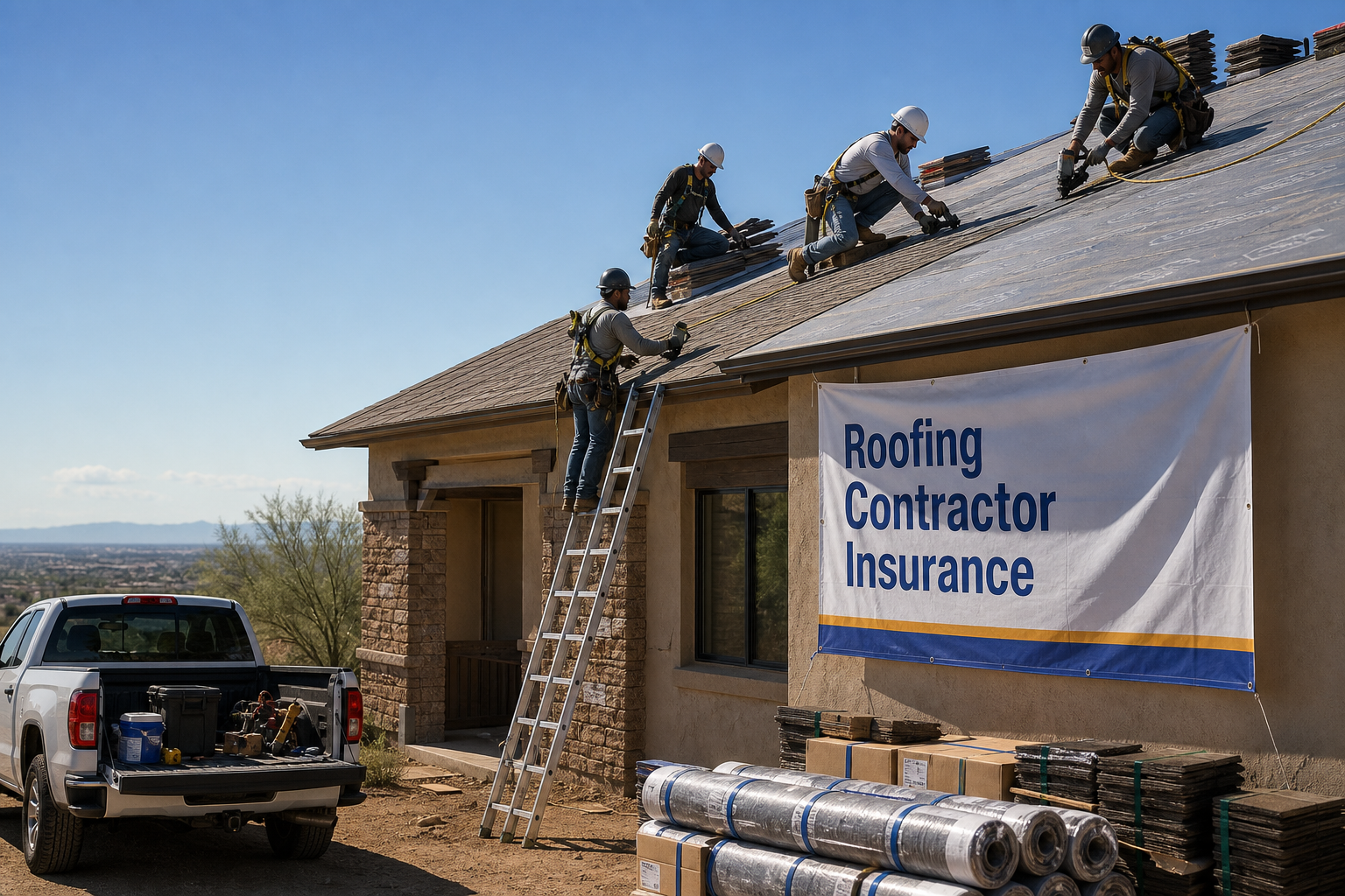 "Roofing contractor installing shingles on a residential roof"; "Roofer wearing fall-protection harness on a steep slope"; "Commercial roofing crew with equipment on a job site"